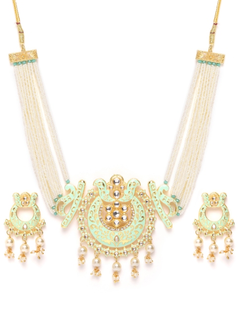 

ANESH Mint Green & Off-White Gold Plated Kundan Studded & Beaded Handcrafted Jewellery Set