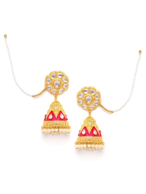 

ANESH Fuchsia Pink Gold-Plated Kundan-Studded Handcrafted Dome Shaped Jhumkas with Chain