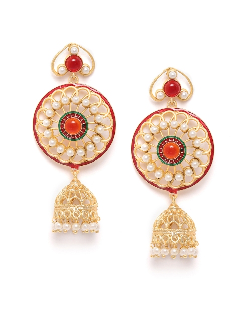 

ANESH Maroon & White Gold-Plated Stone-Studded Handcrafted Dome Shaped Jhumkas