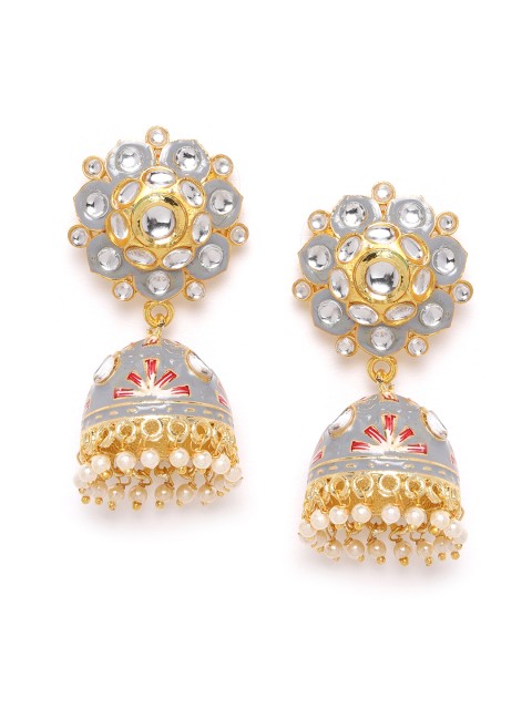 

ANESH Grey Gold-Plated Kundan Studded & Beaded Hand Painted Dome Shaped Jhumkas