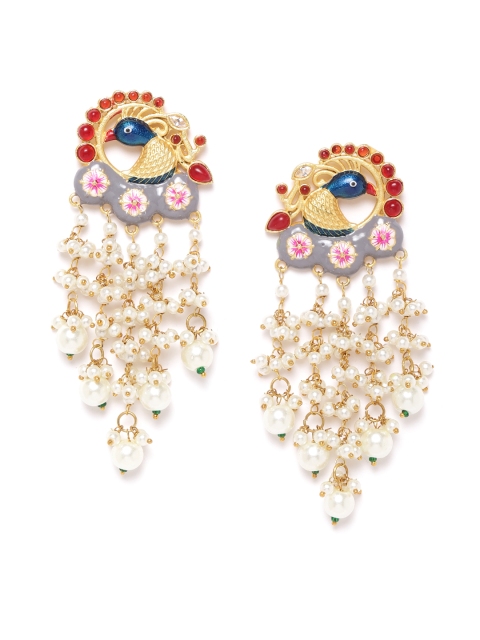 

ANESH Grey & Red Gold-Plated Stone Studded & Beaded Handcrafted Peacock Drop Earrings