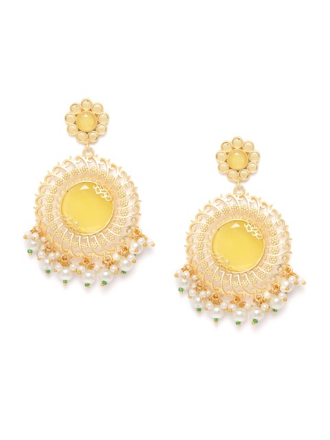 

ANESH Yellow & Off-White Gold-Plated Handcrafted Stone-Studded Circular Drop Earrings
