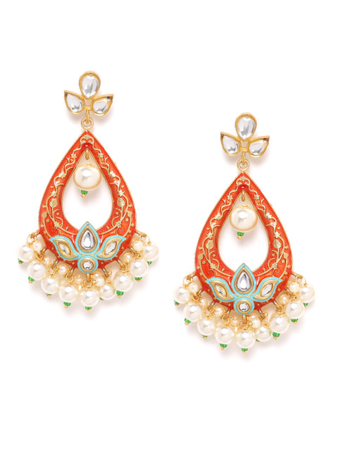 

ANESH Orange & Blue Gold-Plated Hand Painted Kundan Studded Teardrop Shaped Drop Earrings