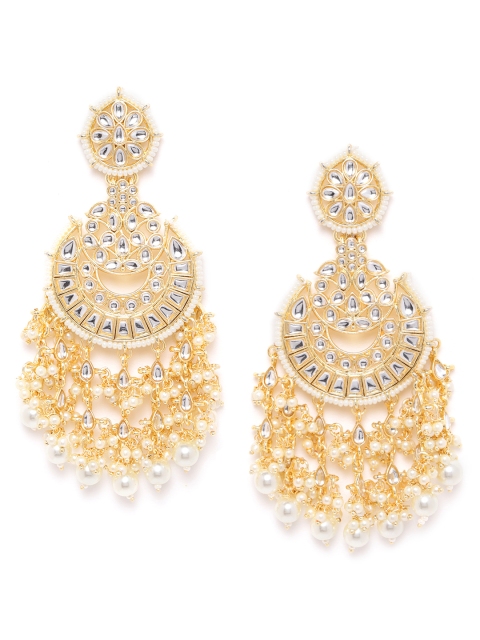 

ANESH Off-White Gold-Plated Kundan Studded & Beaded Handcrafted Crescent Shaped Chandbalis