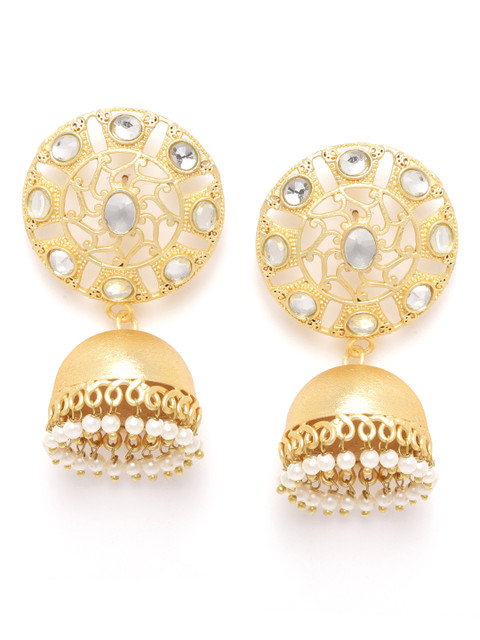 

ANESH White Gold-Plated Stone-Studded & Beaded Handcrafted Dome Shaped Jhumkas
