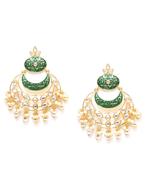 

ANESH Green Gold-Plated Kundan-Studded Enamelled Handcrafted Crescent-Shaped Chandbalis
