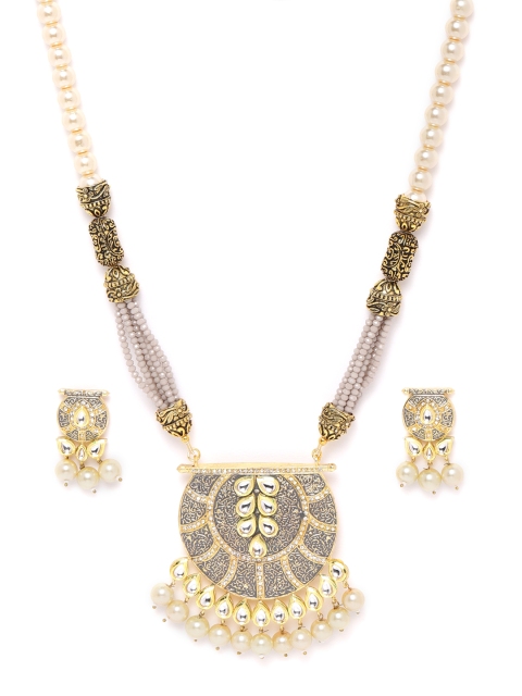

ANESH Grey Gold-Plated Kundan Studded & Beaded Handcrafted Enamelled Jewellery Set
