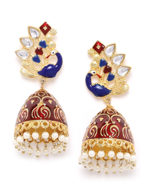 

ANESH Maroon Gold-Plated Kundan Studded & Beaded Handcrafted Enamelled Dome Shaped Jhumkas