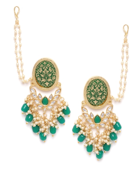 

ANESH Green Gold-Plated Kundan-Studded Handcrafted Classic Drop Earrings with Ear Chain