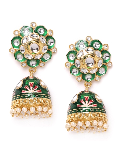 

ANESH Green Gold-Plated Kundan Studded & Beaded Hand Painted Dome Shaped Jhumkas