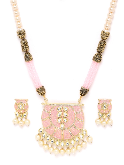 

ANESH Pink Gold-Plated Kundan Studded & Beaded Handcrafted Enamelled Jewellery Set