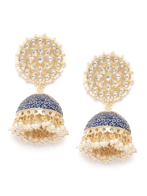 

ANESH Navy Gold-Plated Handcrafted Enamelled Kundan-Studded Beaded Dome Shaped Jhumkas