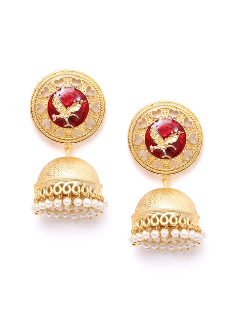 

ANESH Maroon Gold-Plated Enamelled Beaded Handcrafted Dome-Shaped Jhumkas