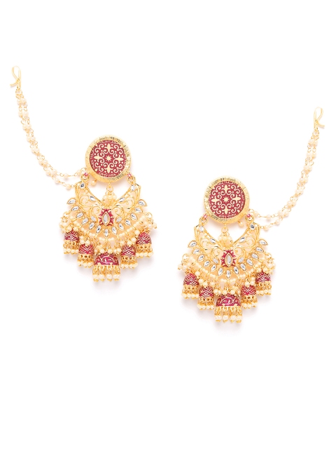 

ANESH Maroon & Off-White Gold-Plated Kundan Studded & Beaded Dome Shaped Chandbalis
