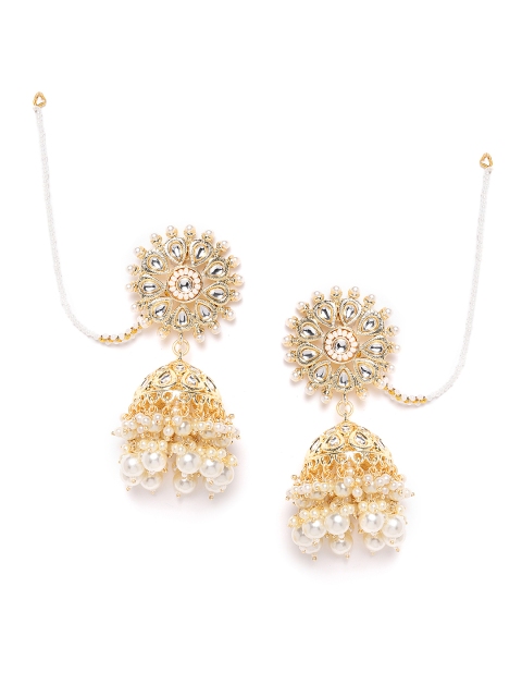 

ANESH Off-White Gold-Plated Kundan Studded & Beaded Handcrafted Dome Shaped Jhumkas