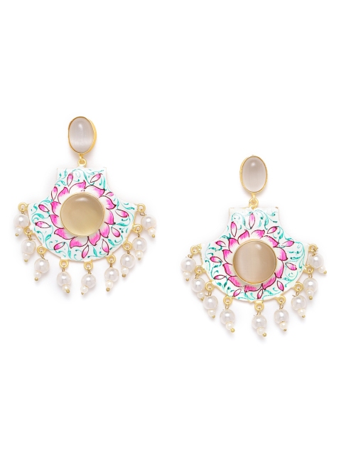 

ANESH White & Pink Gold-Plated Stone Studded & Beaded Hand Painted Classic Drop Earrings