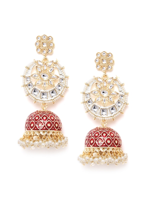 

ANESH Red & Off-White Gold-Plated Kundan Studded & Beaded Handcrafted Dome Shaped Jhumkas