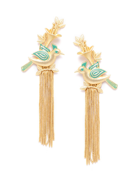 

ANESH Green Gold-Plated Enamelled Handcrafted Bird Shaped Tasseled Drop Earrings