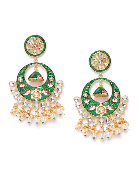 

ANESH Green Gold-Plated Stone -Studded & Beaded Hand Painted Crescent Shaped Chandbalis