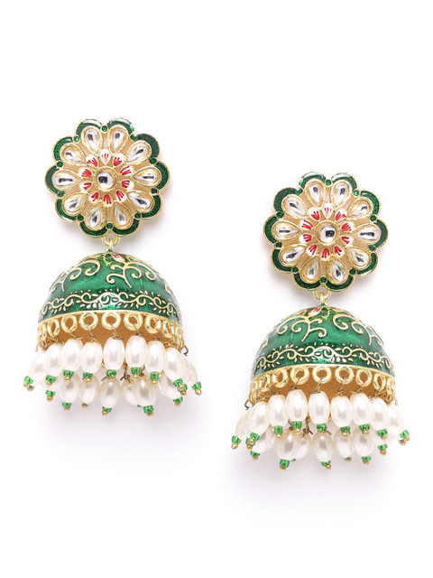 

ANESH Green Gold-Plated Kundan-Studded Enamelled Beaded Handcrafted Dome-Shaped Jhumkas