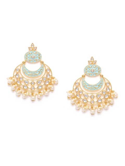 

ANESH Sea Green Gold-Plated Handcrafted Enamelled Kundan-Studded Beaded Chandbalis