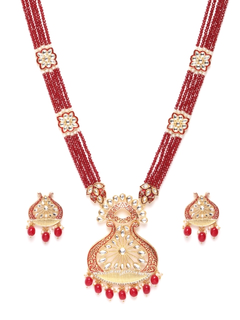 

ANESH Maroon Gold-Plated Kundan-Studded Beaded Enamelled Handcrafted Jewellery Set