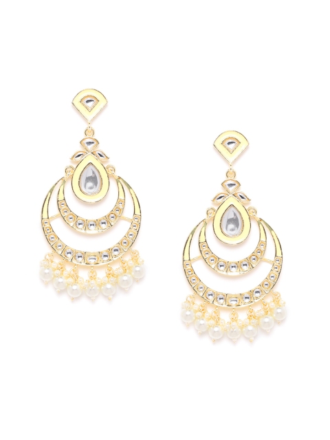 

ANESH Yellow Gold-Plated Crescent Shaped Kundan Studded Enamelled Handcrafted Chandbalis