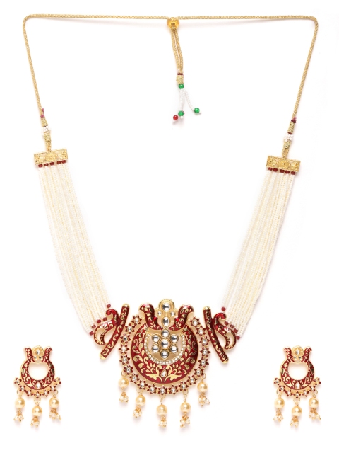 

ANESH Maroon & Off-White Gold-Plated Kundan-Studded Beaded Handcrafted Jewellery Set