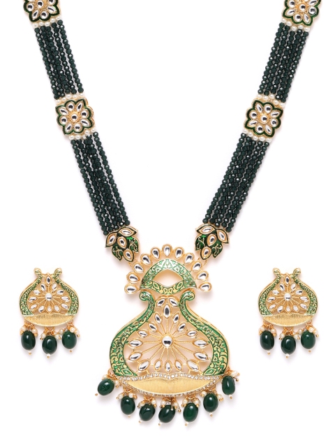 

ANESH Green Gold-Plated Kundan Studded & Beaded Handcrafted Enamelled Jewellery Set