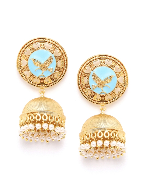 

ANESH Turquoise Blue Gold-Plated Enamelled Handcrafted Textured Dome Shaped Jhumkas