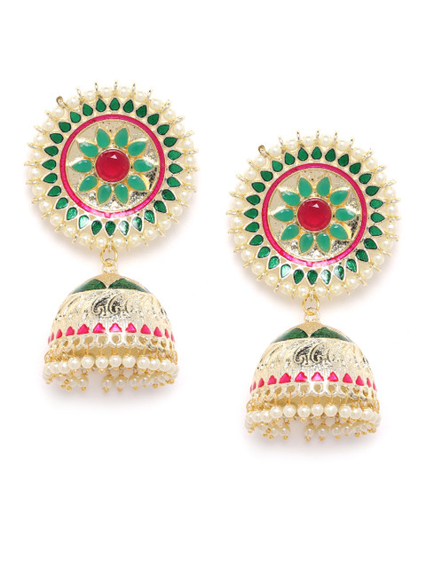 

ANESH Green & Off-White Gold-Plated Stone Studded & Beaded Handcrafted Dome Shaped Jhumkas