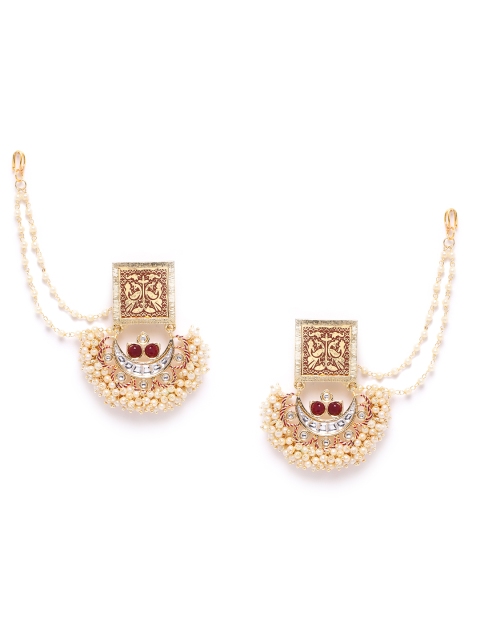 

ANESH Burgundy Gold-Plated Stone-Studded Beaded Handcrafted Chandbalis with Ear Chain