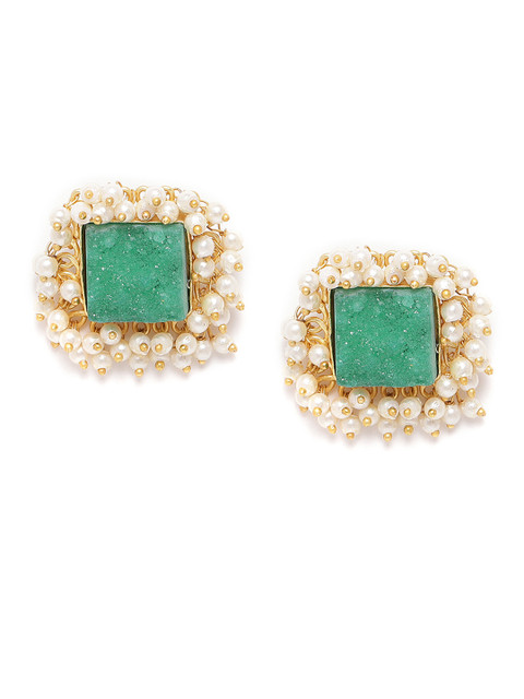 

ANESH Green Gold-Plated Stone-Studded Beaded Handcrafted Square Studs