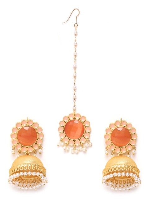 

ANESH Orange & Pink Gold-Plated Stone-Studded Beaded Enamelled Handcrafted Jewellery Set