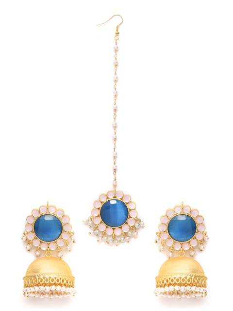 

ANESH Blue & Pink Gold-Plated Stone-Studded Beaded Enamelled Handcrafted Jewellery Set
