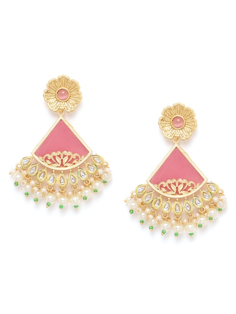 

ANESH Pink Gold-Plated Kundan Studded & Beaded Handcrafted Triangular Drop Earrings