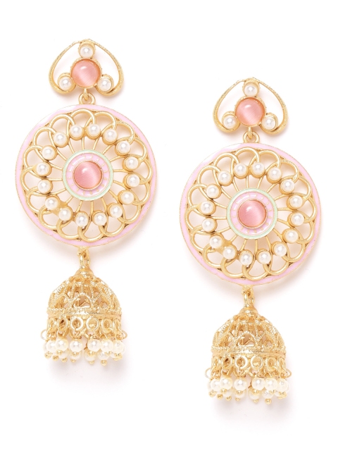 

ANESH Pink & Off-White Gold-Plated Studded & Beaded Handcrafted Dome Shaped Jhumkas