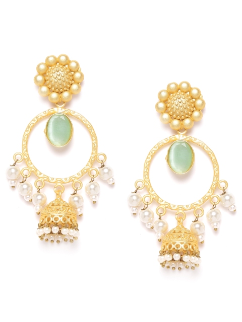 

ANESH Green & Off-White Gold-Plated Studded & Beaded Handcrafted Dome Shaped Jhumkas