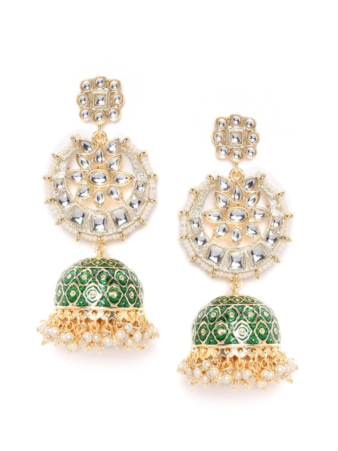 

ANESH Green & Off-White Gold-Plated Handcrafted Kundan-Studded Beaded Dome Shaped Jhumkas