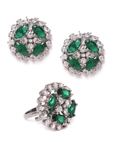 

ANESH Green Rhodium-Plated Handcrafted CZ Studded Jewellery Set