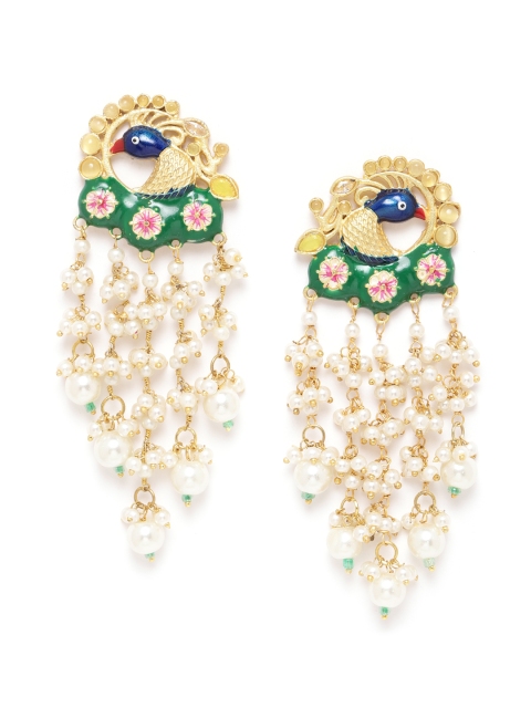 

ANESH Green Gold-Plated Stone-Studded & Beaded Handcrafted Enamelled Drop Earrings