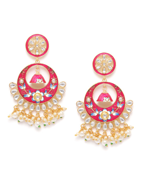 

ANESH Magenta Gold-Plated Hand Painted Stone-Studded Beaded Crescent Shaped Chandbalis