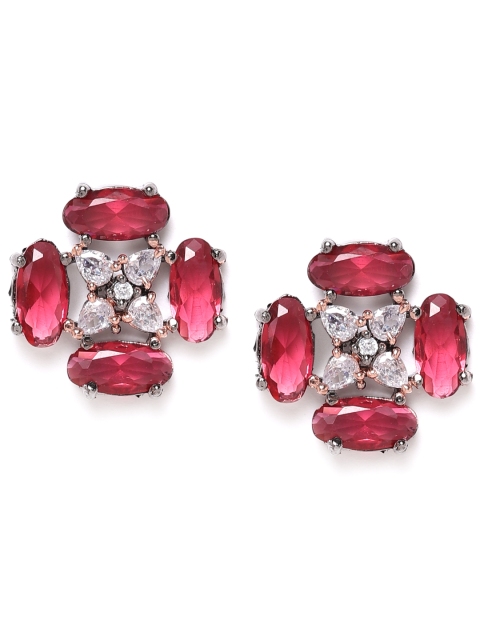 

ANESH Magenta Rhodium-Plated CZ Studded Floral Shped Studs, Metallic