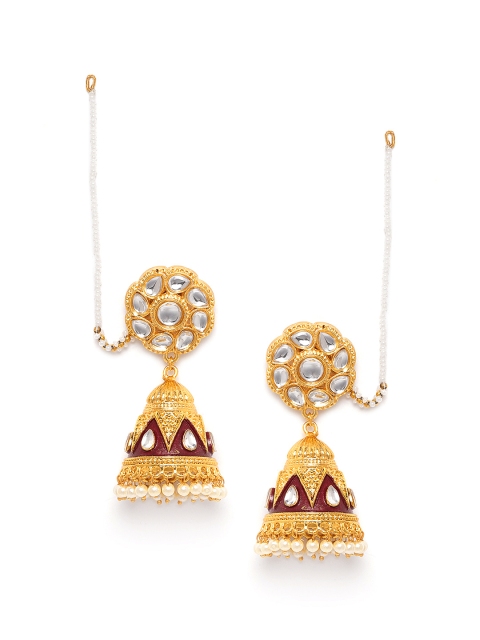 

ANESH Maroon Gold-Plated Kundan-Studded Beaded Handcrafted Jhumkas with Ear Chain