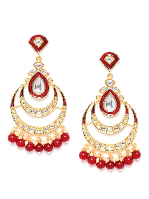 

ANESH Maroon Gold-Plated Crescent Shaped Kundan Studded Enamelled Handcrafted Chandbalis