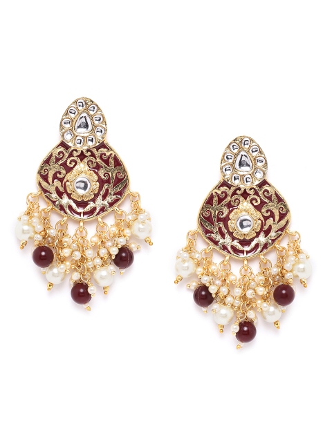 

ANESH Maroon Gold-Plated Kundan Studded & Beaded Handcrafted Classic Drop Earrings