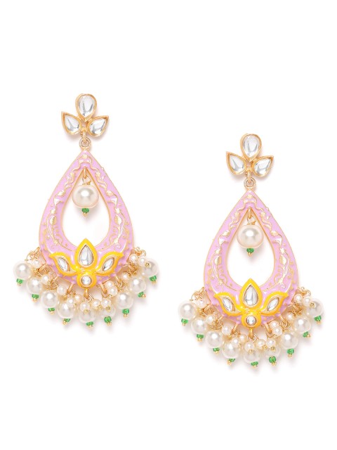 

ANESH Pink & Off-White Gold-Plated Hand Painted Kundan-Studded & Beaded Drop Earrings