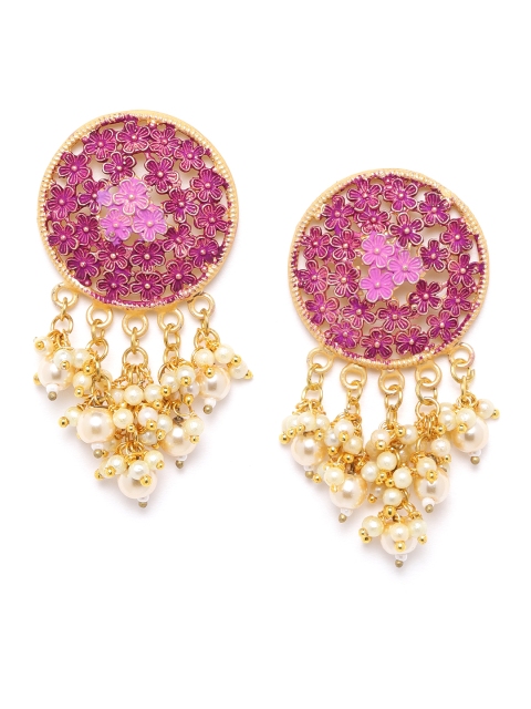 

ANESH Purple & Off-White Gold-Plated Beaded Handcrafted Circular Drop Earrings