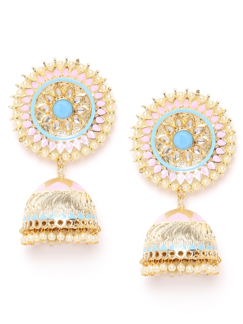 

ANESH Pink & Blue Gold-Plated Handcrafted Stone-Studded & Beaded Dome Shaped Jhumkas
