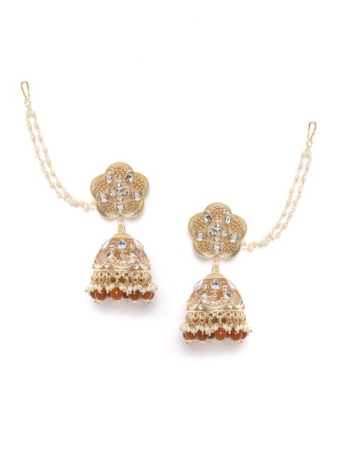 

ANESH Brown & Off-White Gold-Plated Handcrafted Kundan-Studded Jhumkas with Ear Chain